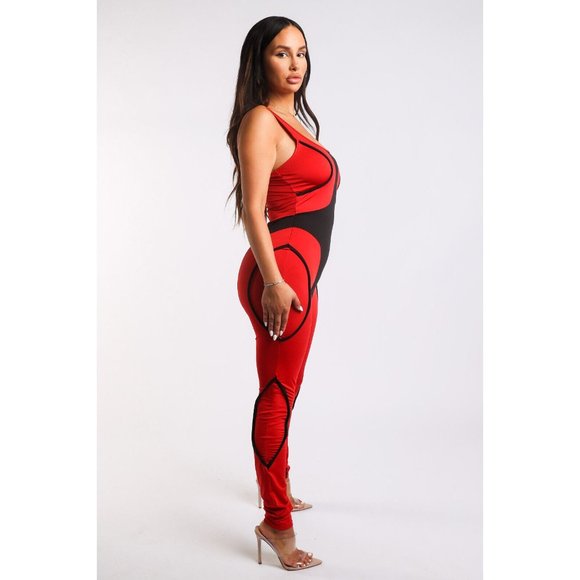 Women's Colorblocked Jumpsuit With Binding Detail Square Neck Strappy Sleeve - Picture 4 of 10